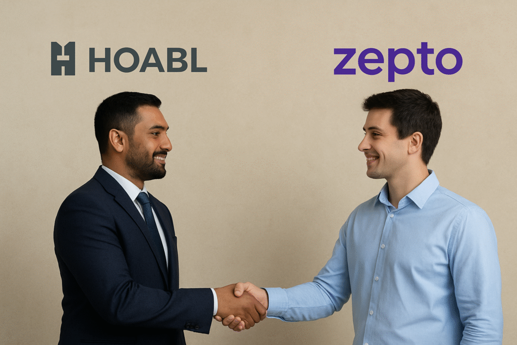 Zepto and HoABL shake hands, marking a partnership for instant digital land buying in Vrindavan real estate market.