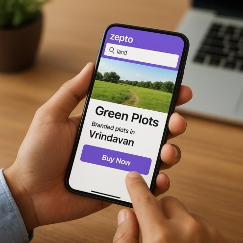 Zepto app interface displaying land purchase option