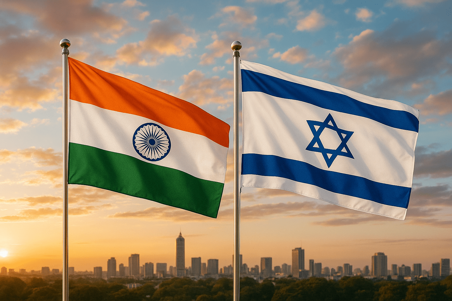 Indian and Israeli national flags flying side by side against a sunset city skyline, symbolizing partnership and collaboration.