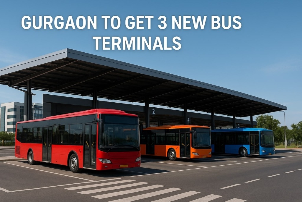 Ultra modern Gurgaon bus terminal with colorful city buses parked at new bays under GMDA project
