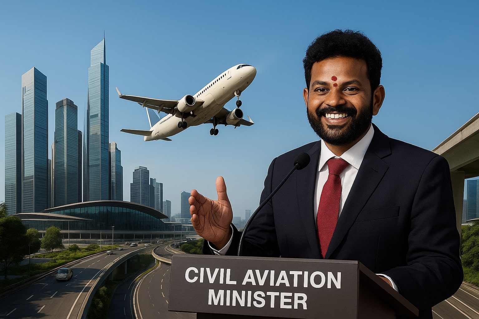 Civil Aviation Minister addressing media with airplane and city skyline in background.merging real estate with airports.