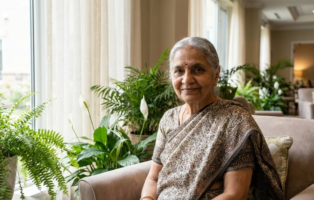 Close-up portrait of an elderly Indian woman smiling inside a luxury senior living community, soft natural light, indoor plants, calm lifestyle mood, dignity and independence theme, photorealistic, premium housing feel