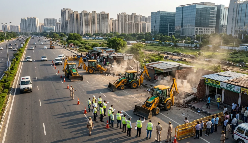 GMDA and MCG clear illegal shops, ramps, gates, and encroachments across major Gurugram sector roads, improving traffic flow, green belts, and urban infrastructure.
