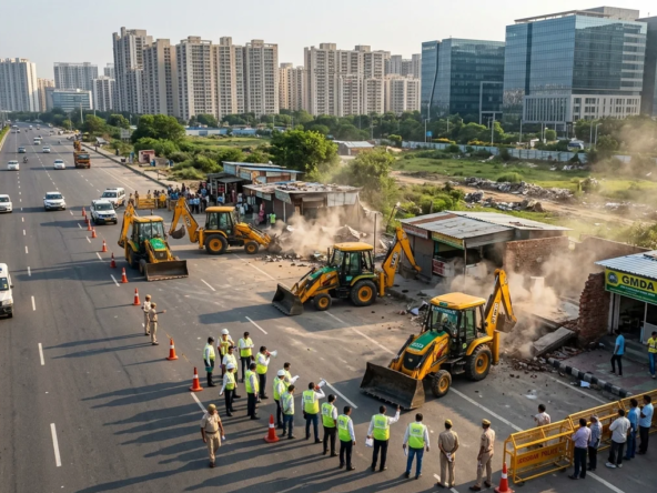 GMDA and MCG clear illegal shops, ramps, gates, and encroachments across major Gurugram sector roads, improving traffic flow, green belts, and urban infrastructure.