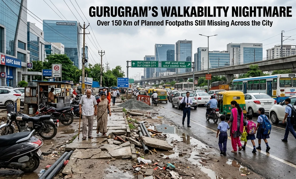 Over 150 km of Gurugram's planned footpaths remain unbuilt, raising safety concerns for pedestrians and highlighting a major urban infrastructure gap.