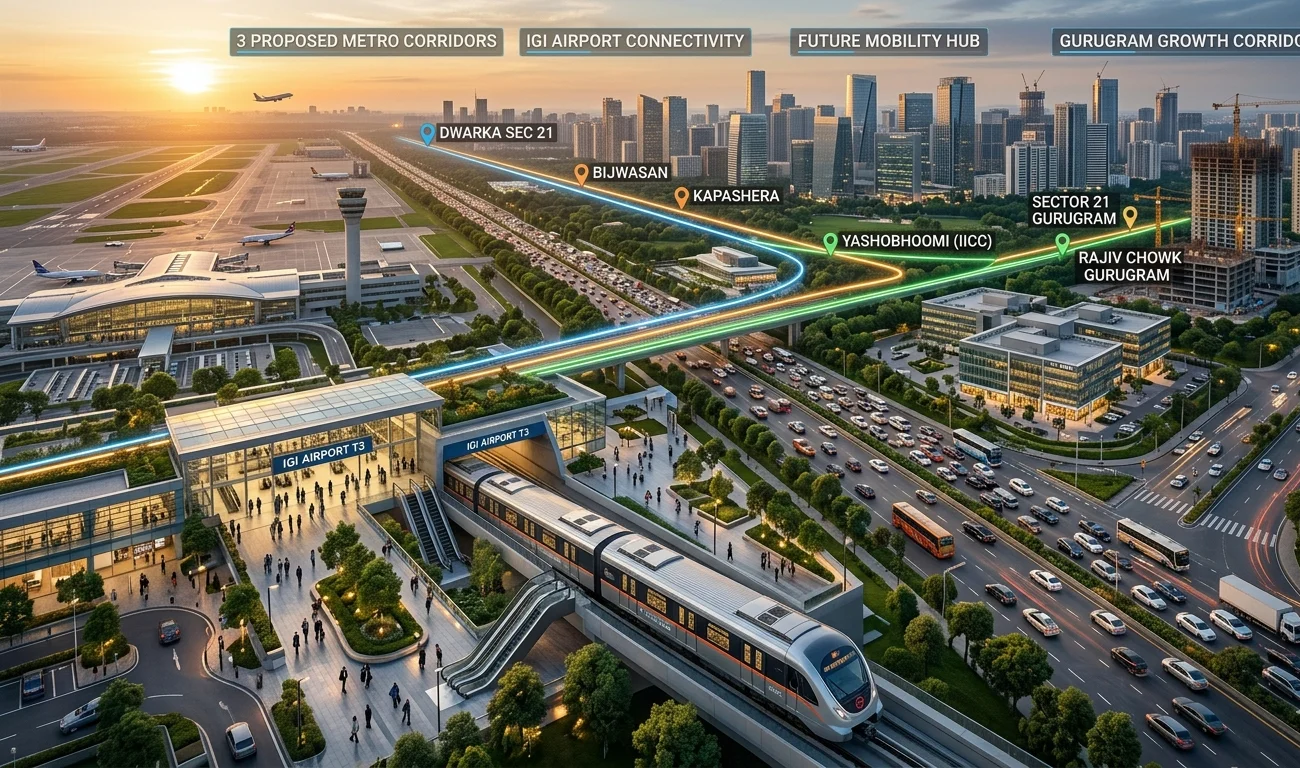 Three new metro routes linking IGI Airport and Gurugram are under review. Discover how this mega project could transform connectivity and real estate.