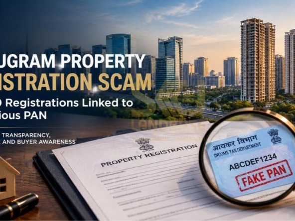 Gurugram property registration investigation featuring property documents and a fictitious PAN, highlighting reported irregularities at Badshahpur tehsil.